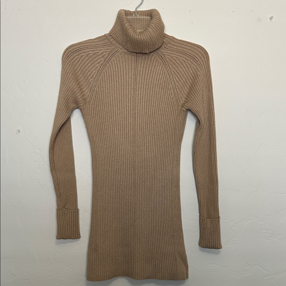 WHBM Camel/Tan Ribbed Pointelle Turtleneck Tunic Sweater
